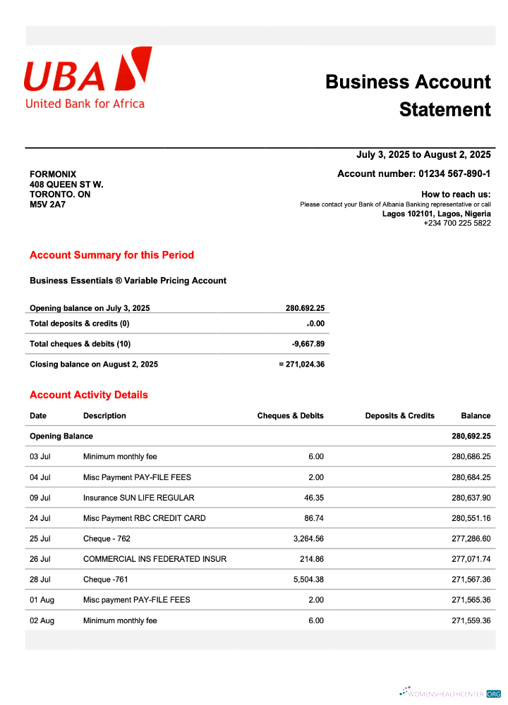 Download Nigeria UBA business checking account statement Word and PDF template Photoshop template